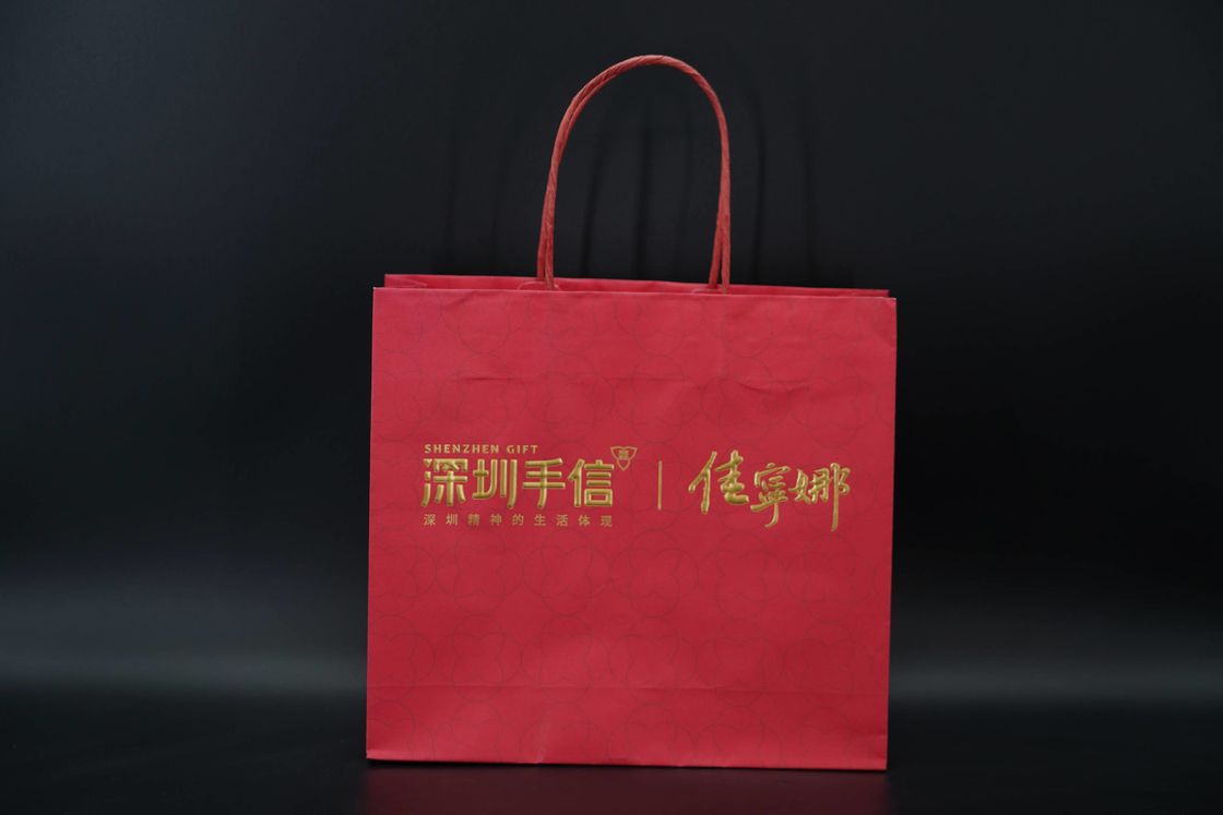 recycled Eco Paper Bags Hot Stamping Red Kraft Bags With Handles Twisted